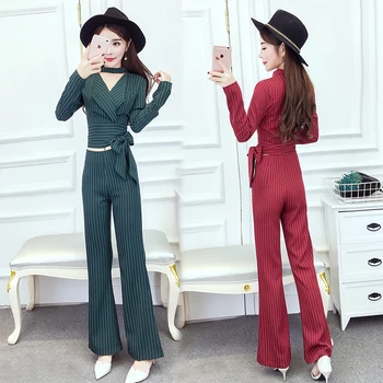 

Women's suit 2018 Spring and Autumn New style Temperament Long-sleeved suit Thin stripes Wide-leg pants Fashion suit Female set