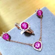 Натуральный розовый топаз 925 пробы Серебряный Ювелирный Набор Сердце ожерелье подвеска Красная корона серьги гвоздики круглое кольцо подарок драгоценный камень
