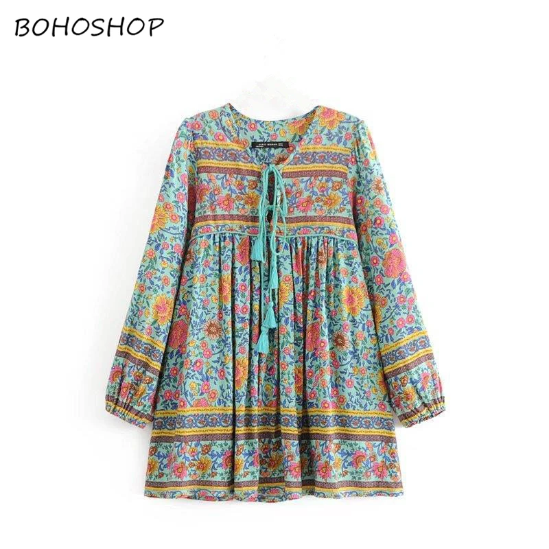 

Vintage chic women floral print sleeve beach long Bohemian high waist mini dress Ladies V neck Summer Boho dress vestidos