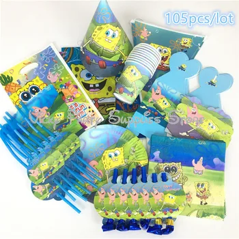 

105pcs/lot SpongeBob SquarePants Disposable Tableware Set Kids Birthday Baby Shower Paper Cup Plate Party Decoration Supplies