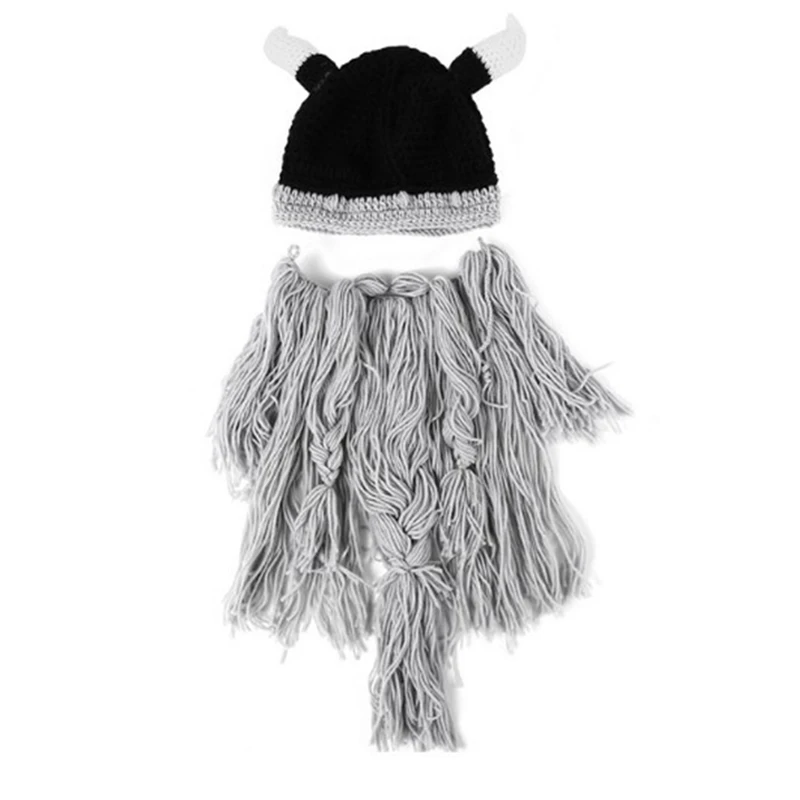  Bearded Horns Hand-knitted Hat Men Funny Gag Halloween Cap Winter Warm Handmade Barbarian Viking Beanie Beard Horn Caps CP0170  (1)