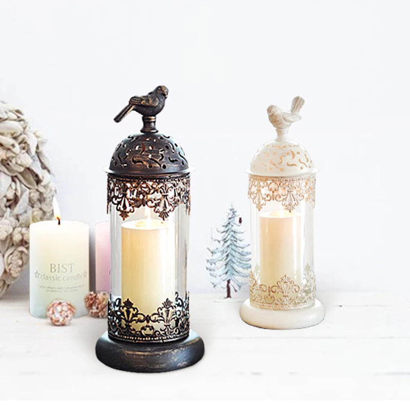 European Wedding Accents Hollow White Iron Glass Candle Lantern Set with Bird Lid European Wedding Accents Hollow White Iron Glass Candle Lantern Set with Bird Lid