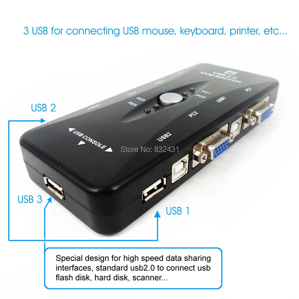 4 Порты и разъёмы USB 2,0 kvm-переключатель коробка адаптер для подключения принтера монитор Применение 1 компл. клавиатура Мышь Управление 4 компьютеры с кабель