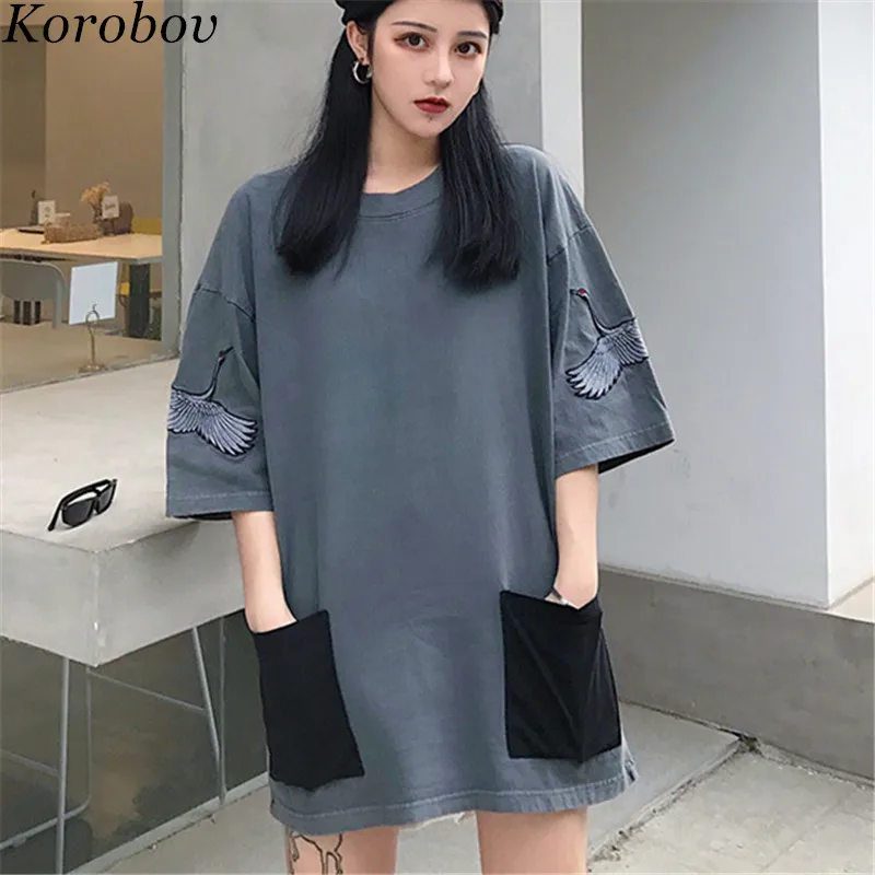 

Korobov Harajuku Cartoon Embroidery Women T-Shirt Preppy Style Panelled Patchwork Pockets Ulzzang T Shirt 76906