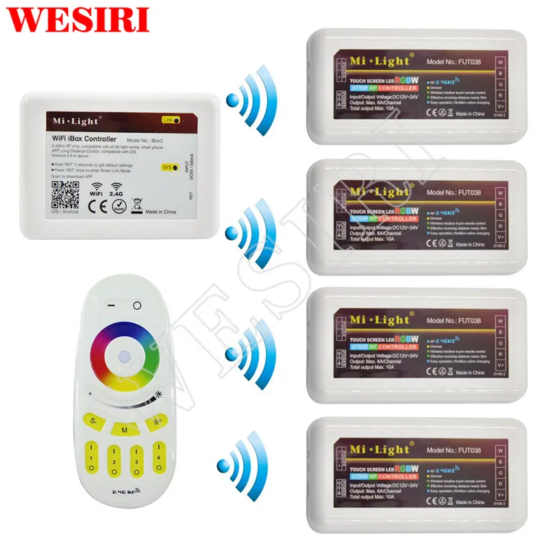

MiLight 2.4G 4 Zone WIFI LED Controller iBox+ RF Touch Remote+RGB RGBW Controller for RGB RGBW LED Strip Lights DC12V-24V