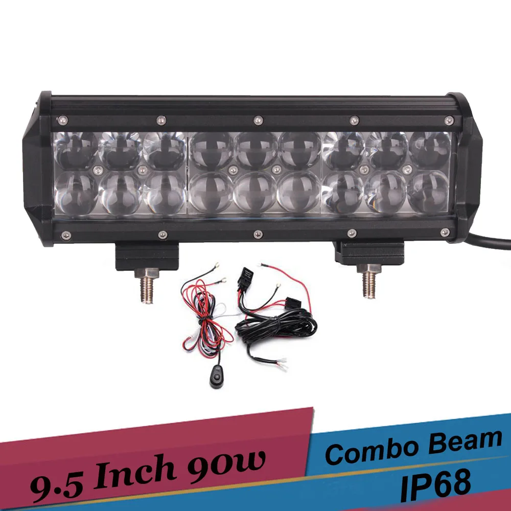 90W 9.5 Inch LED Light Bar 9000LM Spot Flood Combo Work Light Bumper Driving Fog Light for Off