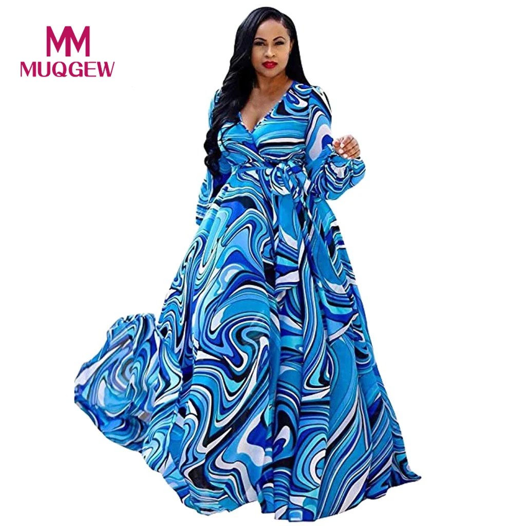 

Womens Stylish Chiffon V-Neck Printed Floral Maxi Dress with Waisted Belt Plus summer clothes for women robe femme ete 2019
