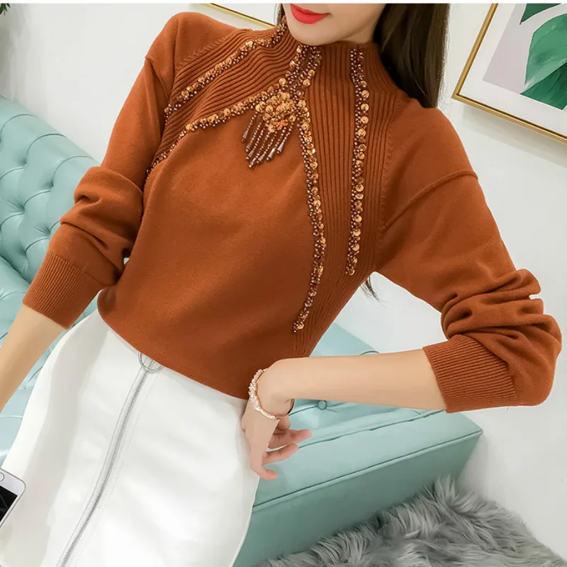 2018 Winter Long Sleeve Bead Work Sweaters Women Embroidery Bead
