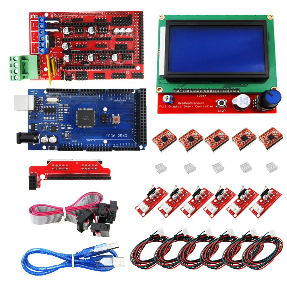 HAILANGNIAO CNC 3d Принтер Комплект для Mega 2560 R3+ RAMPS 1,4 контроллер+ lcd 12864+ 6 концевой выключатель+ 5 A4988 шаговый