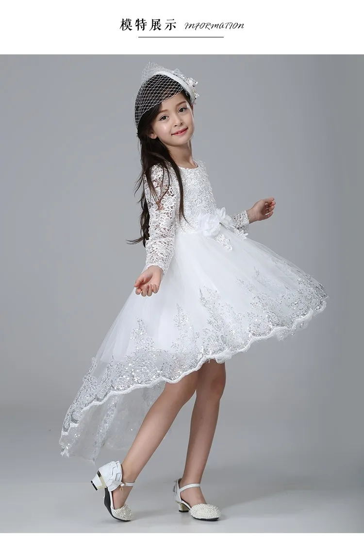Элегантное кружевное платье принцессы с длинными рукавами и ласточкиным хвостом для девочек; детское белое платье со шлейфом с блестками и цветами для дня рождения и выпускного вечера