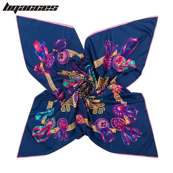 

[BQACCES] 130*130 Twill Silk Square Scarf Women Headband Webbing Print Hijab Shawl Wrap Female Scarf Large Bandana Luxury Brand