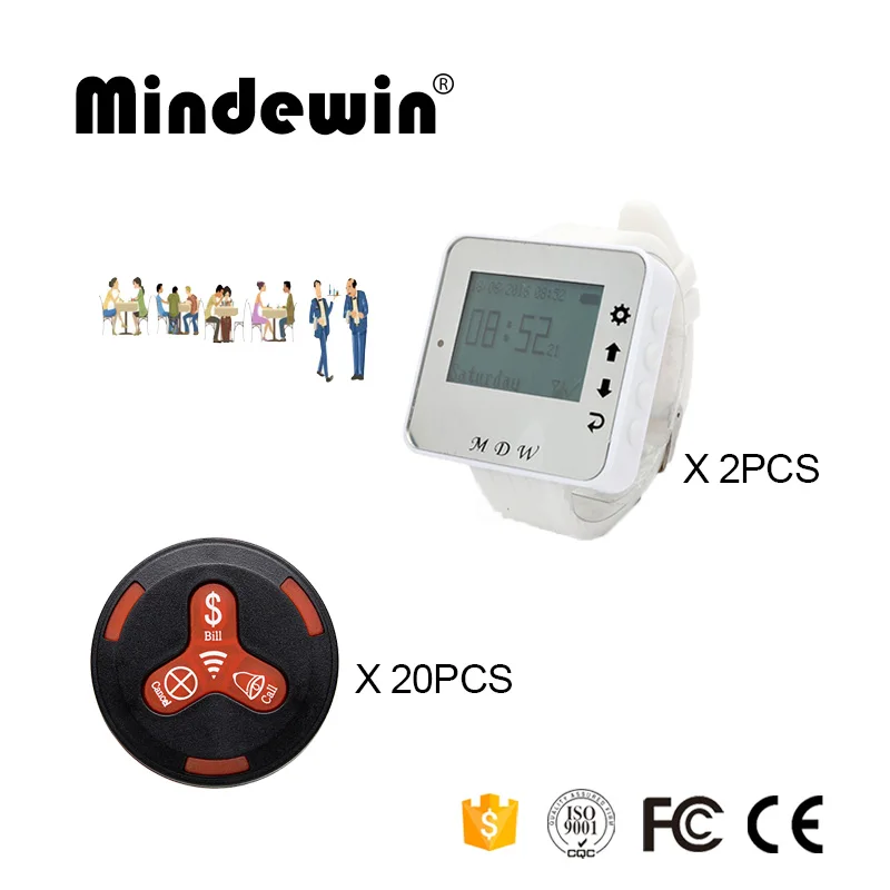 

Mindewin New Type Wireless Calling System 20PCS Table Call Button M-K-3 and 2PCS Watch Pager M-W-1 Pager Call System