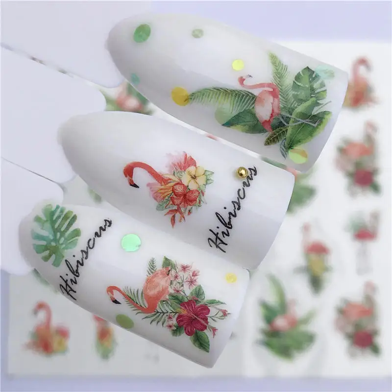 FWC 1 Sheet Nail Sticker Flower Decal Animal Flamingo Deer Butterfly Nail Art Water Transfer Slider Foils Decoration