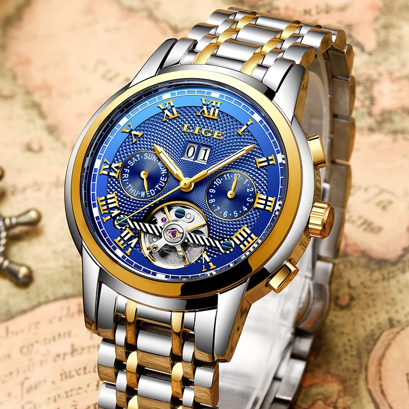 Lige Automatic Watch Men Skeleton Tourbillon Mechanical Watch Sport Waterproof Automatic Watch-4