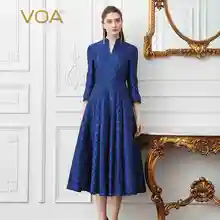 VOA Весна Темно-синие Винтаж размера плюс Высокая талия тонкие шелковые вечерние платье тяжелый материал: шелк, жаккард, Для женщин длинное платье-туника A131