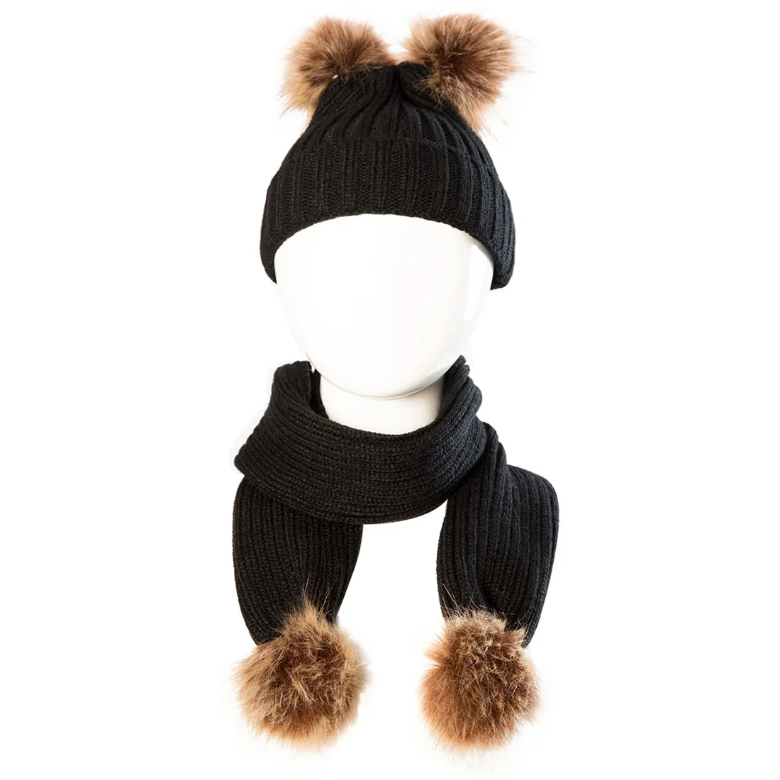 Itfabs/Новые поступления, модная распродажа, милые детские теплые зимние шарф, вязаная шапка бини, вязаный крючком комплект, детский однотонный меховой шарф с помпонами
