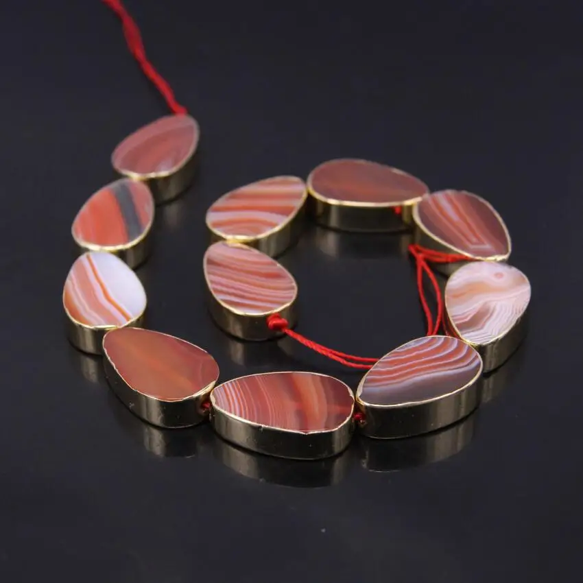 

20x30mm Natural Carnelian Flat Teardrop Slab Loose Beads,Gold Edged Red Stripe Agates Stone Slice Nugget Pendants DIY Nekclace