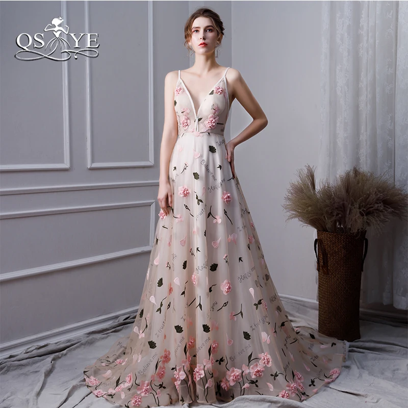 

QSYYE 2019 Vintage Long Prom Dresses Robe de Soiree 3D Floral Flowers Sexy V Neck Beaded Formal Evening Dress Party Gown