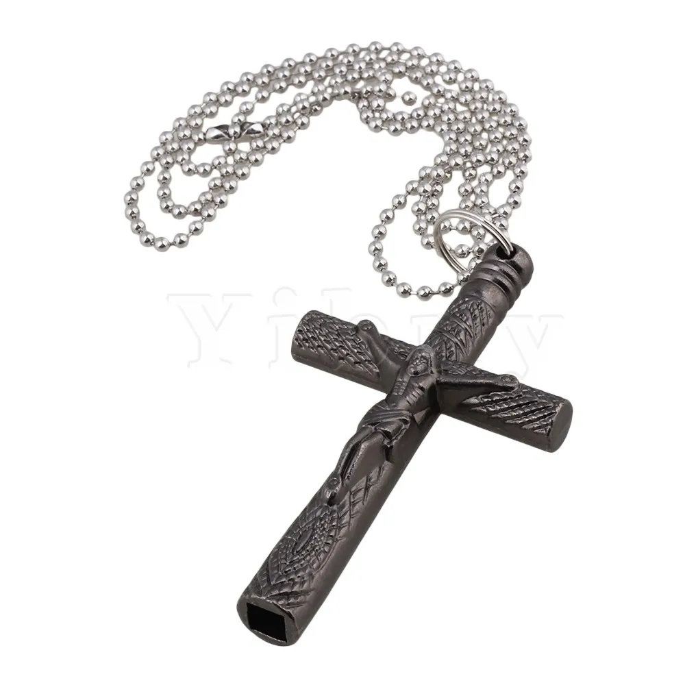 Yibuy Black Christian Jesus Cross Crucifix Drum Key Necklace Long Chain 6mm in Parts