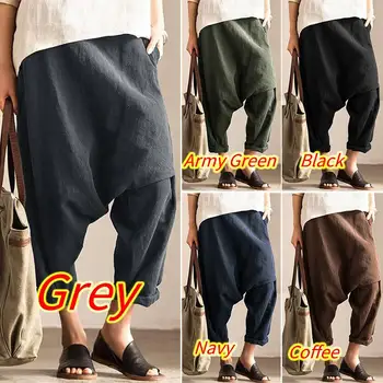 

ZANZEA Vintage Cotton Harem Pants Women Elastic Waist Pocket Drop-Crotch Pantalon Casual Solid Loose Party Long Trousers Female