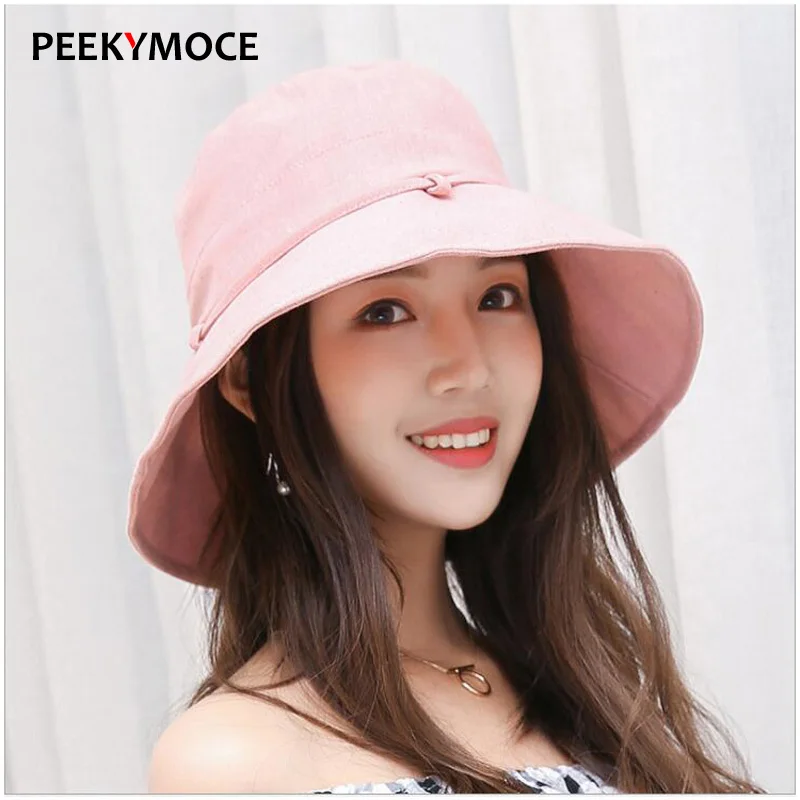 Peekymoce Casual Women Summer Bucket Hat Female Solid Cotton Foldable