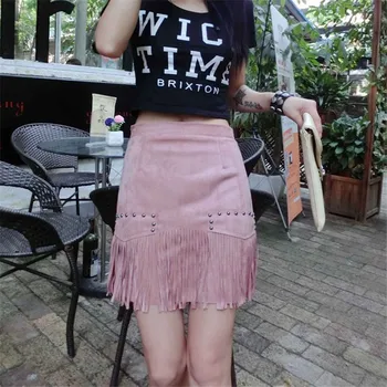 

Novelty Style 2015 New Hierarchical High Waist A-line Leather Skirt Fringed Suede Tassel Saias Skirts Women 3 Colors S-XL