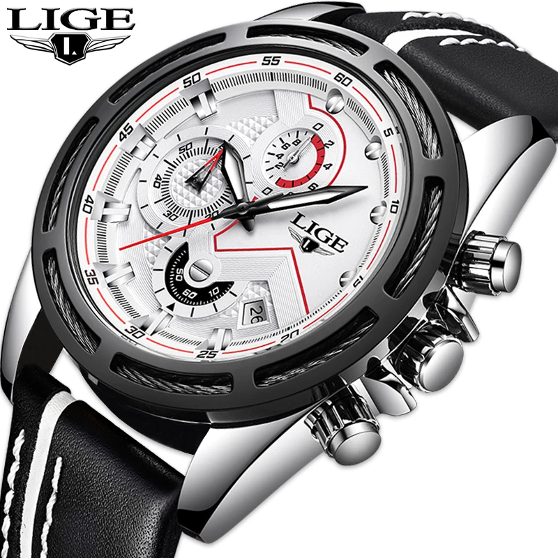 

Mens Watches LIGE Top Brand Luxury Military Leather Watch Men's Sports Stainless Steel Waterproof Quartz Watch Relogio Masculino