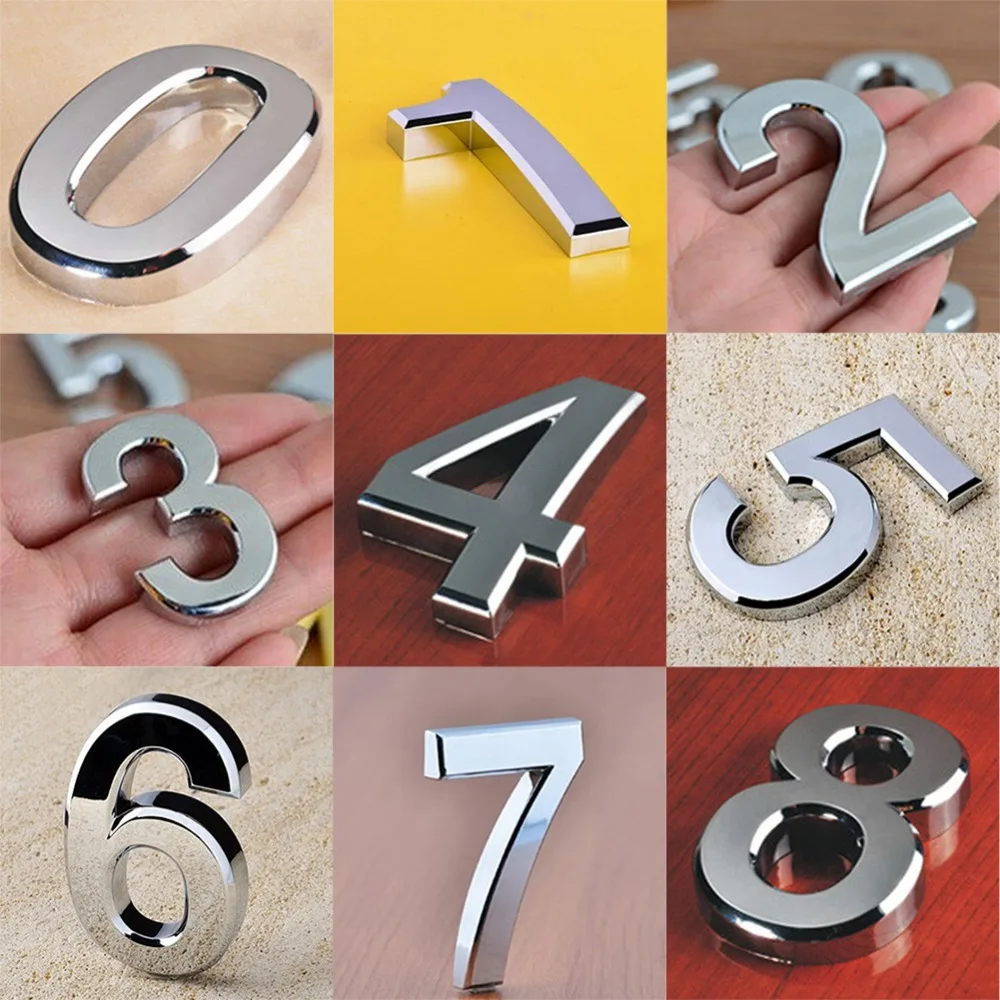 

Useful House Numbers Signs Hotel Home Door ABS Plating Number Digits Sticker 0-9 Plate Signs Address Plaque Silver Color 50*30*6
