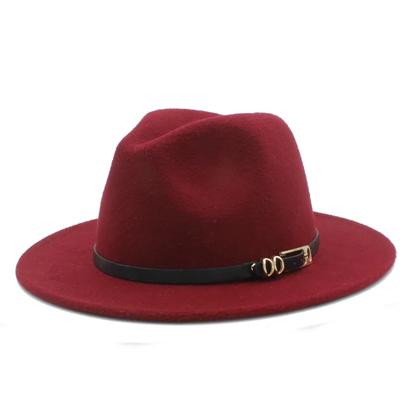 Wine red Шерсть для женщин и мужчин зима осень Outback Fedora Шляпа с широким джазования с полями церковный Крестный отец шапка модный пояс - Цвет: Wine red
