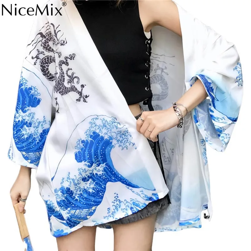 

NiceMix Japanese Style Loose Digit Cartoon Print Kimono Women Blouse Kimono Cardigans 2019 Summer Blouse Shirt Femme 2019 New