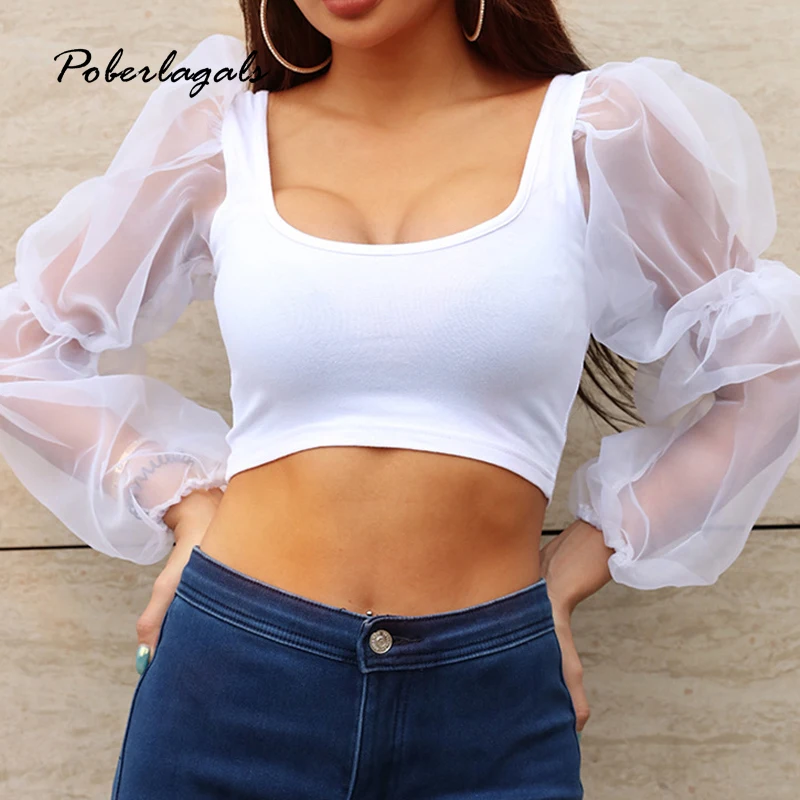

Elegant white Shirt Summer 2019 Women Mesh stitching long-sleeved vest female U-neck Top Puff Sleeve Crop Top with Frill Trim