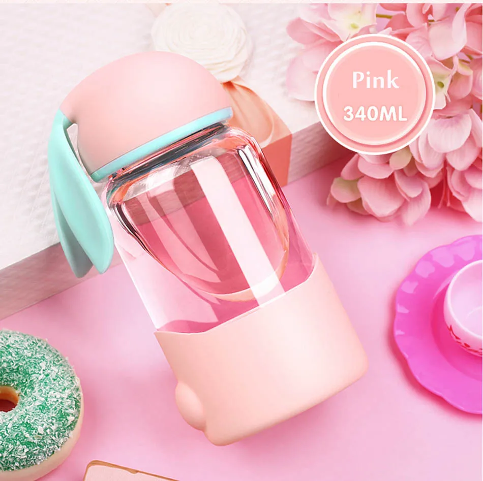 Pink Кавайная Милая бутылка для воды с мультяшным Кроликом, стеклянная бутылка с силиконовым рукавом для детей, студенток, девочек, портативные бутылки для напитков, BPA бесплатно - Цвет: Pink
