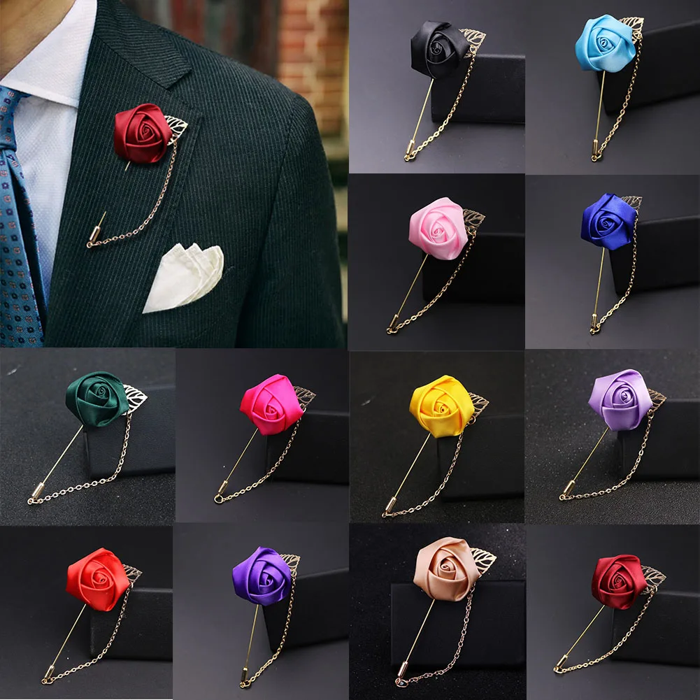 Unisex Suit Essential Handmade Flower Lapel Pin Rose Flower Brooches Pins Ribbon Tie Brooch with Chain for Women Men Dress Accessories Wine Red