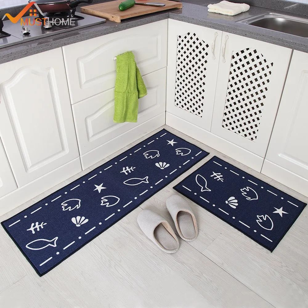 2 stücke küche teppiche set dunkelblau cartoon waschbar küche matten 4060 cm 40