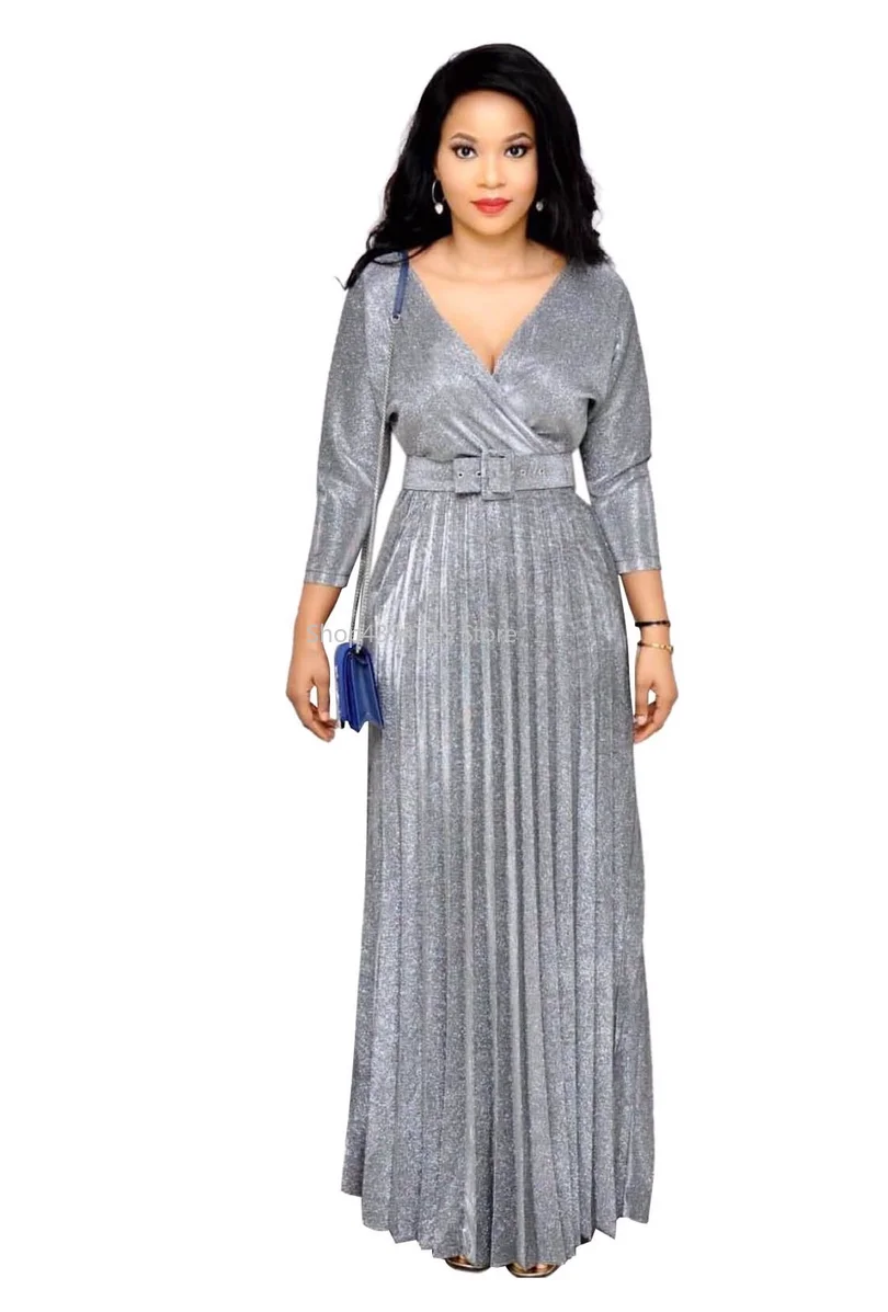 

African Long Maxi Dresses For Women Elegant Party Pleated Celebrate V Neck Classy Female Wear Clothing Shiny Popular Tunic Dress