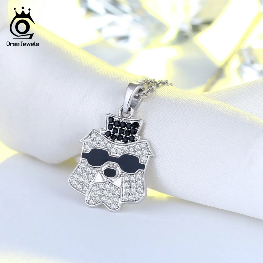 

ORSA JEWELS Wearing Glasses Cool Bulldog Women Necklace AAA Black CZ Cute Dog 925 Sterling Silver Pendant Casual Jewelry ASN116