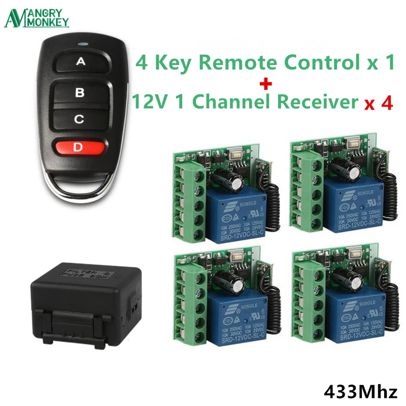 

433MHz RF wireless Learn code EV1527 remote control 1piece & 1 channel DC12V receiver switch 4 pieces door motor Garage control