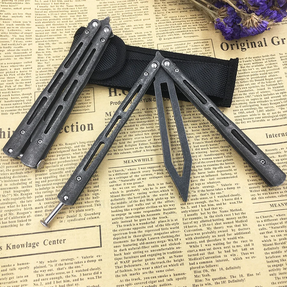 

stone washed 440C Stainless Steel Training knife butterfly gaming tool folding knife butterfly Trainer dull tool no edge