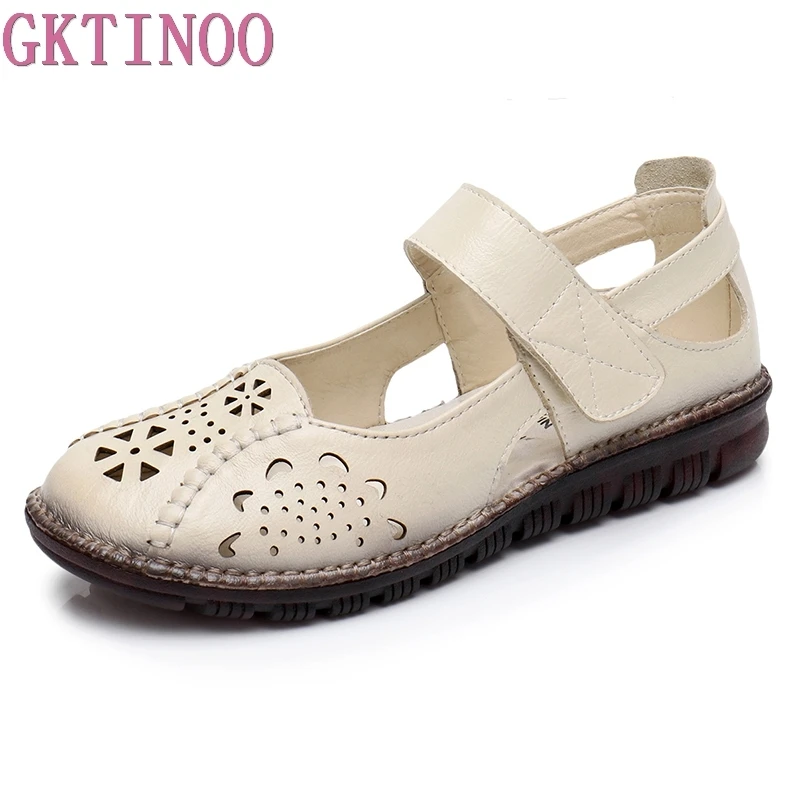 

GKTINOO Summer Shoes Woman Genuine Leather Soft Outsole Closed Toe Sandals Casual Flat Women Shoes New Fashion Women Sandals