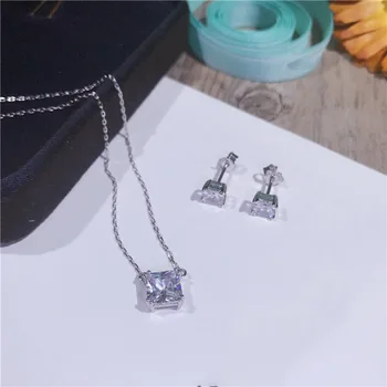 

Fashion Sparkling Square Zircon Decorative Pendant Pure 925 Sterling Silver Women Jewelry Set Trendy Stunning Earrings Stud