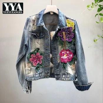 

Appliques Flowers Beading Frayed Hole Denim Jacket Women Slim Fit Harajuku Single Breasted Long Sleeve Jeans Coat Ladies Fashion