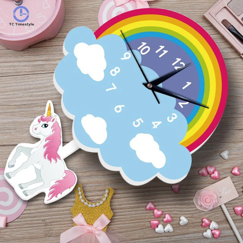 

Nordic Clock Kid's House Decoration Background Wall Unicorn Rainbow Pendulum Bell Cartoon Decor New Arrival Hanging Clocks