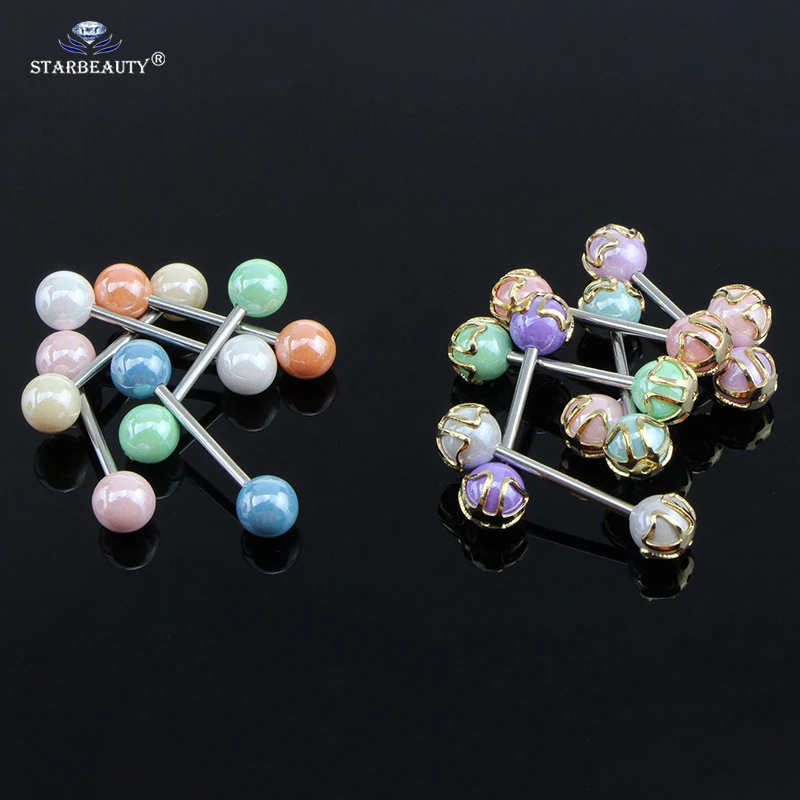 

Mix Color 2pcs Imitation pearls Barbell Tongue Piercing Tongue Ring Acrylic Nipple Ring langue Ear Pircing Jewelry