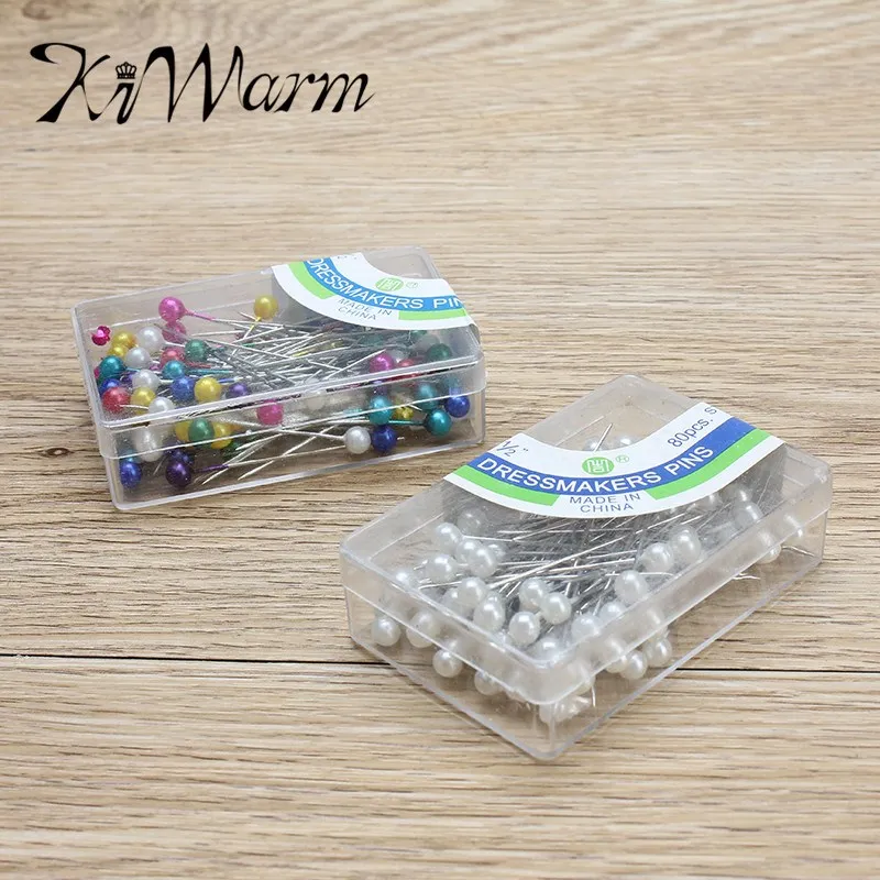 

KiWarm 80Pcs/set White Colorful Round Pearl Straight Head Pins Dressmaking Sewing Pin With Box For DIY Handwork Craft Tool