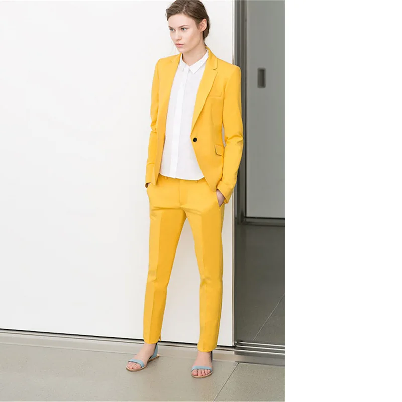 

Yellow Womens Business Suits Women Evening 2 Piece Pant Suits Female Office Uniform One Button Ladies Formal Trouser Suits