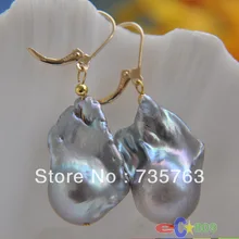 Xiuli 0087 СЕРЫЙ БАРОККО КЕШИ REBORN ЖЕМЧУЖИНА МОТАТЬСЯ СЕРЬГИ 14KGP