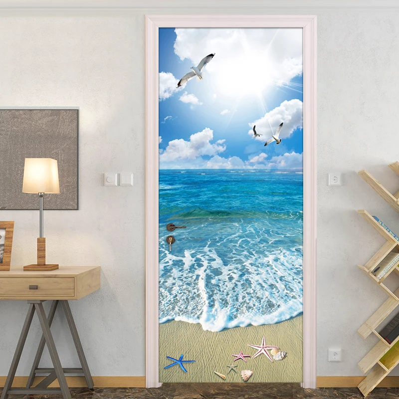 

Creative DIY PVC Waterproof Self-Adhesive Door Sticker Wall Mural Blue Sky White Clouds Beach Seascape 3D Photo Wallpaper Decal