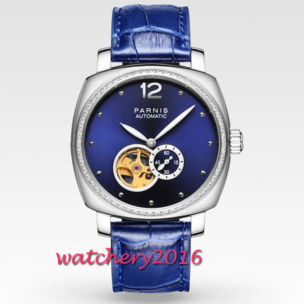 Люксовый бренд 39 мм Parnis синий циферблат сапфировое стекло дамские Дата Кожаный ремешок женские автоматический механизм мужские часы - Цвет: 2