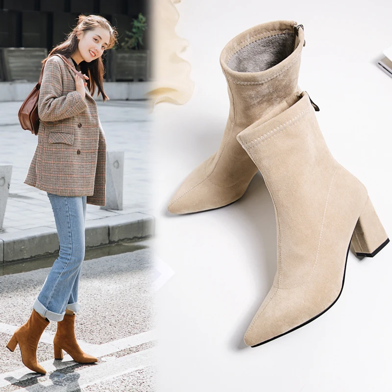 

Fashion Ankle Elastic Sock Boots Chunky High Heels Stretch Women Autumn Sexy Booties Pointed Toe Women Pump Size 33-43