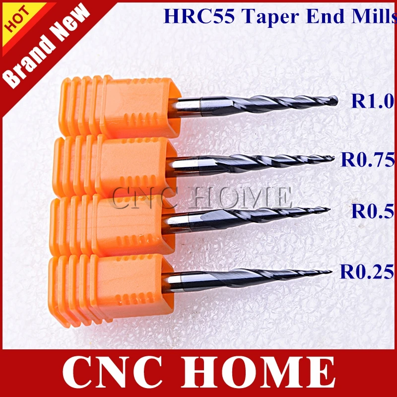 

4Pcs Ball Nose End Mill HRC55 R0.25&0.5&0.75&1.0 Radius Tungsten Solid Carbide Tapered Milling Cutter Set Wood Cone Endmill Bits